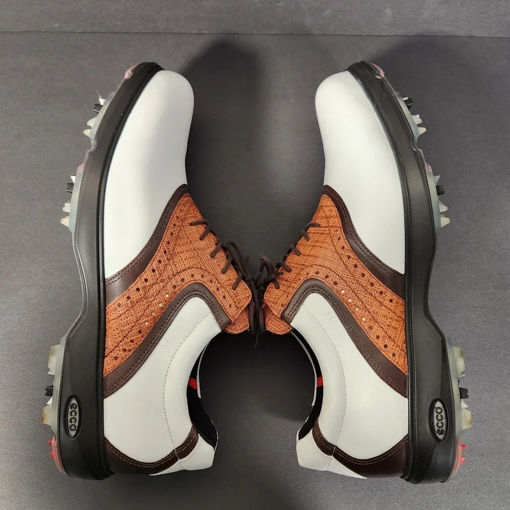ECCO Golf Shoes Mens 11-11.5 White Brown Gore-Tex Leather Spiked Cleats Wingtip